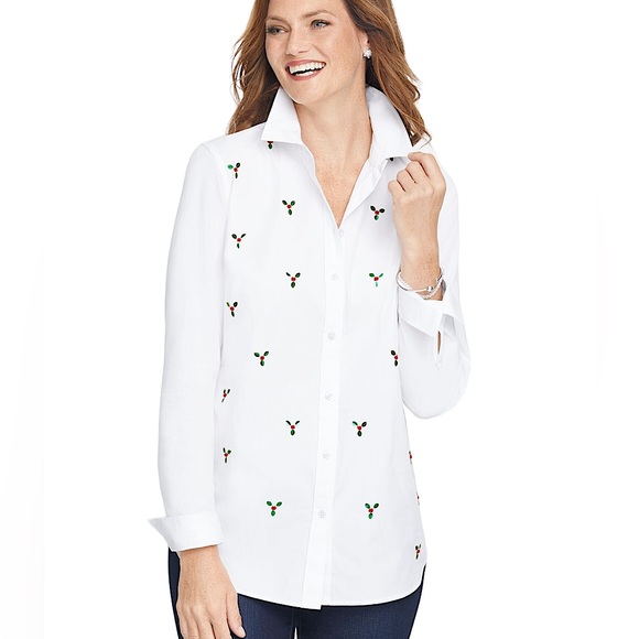 NWT Talbots white button down top Christmas holiday holly mistletoe sequin sz XS - Picture 1 of 12